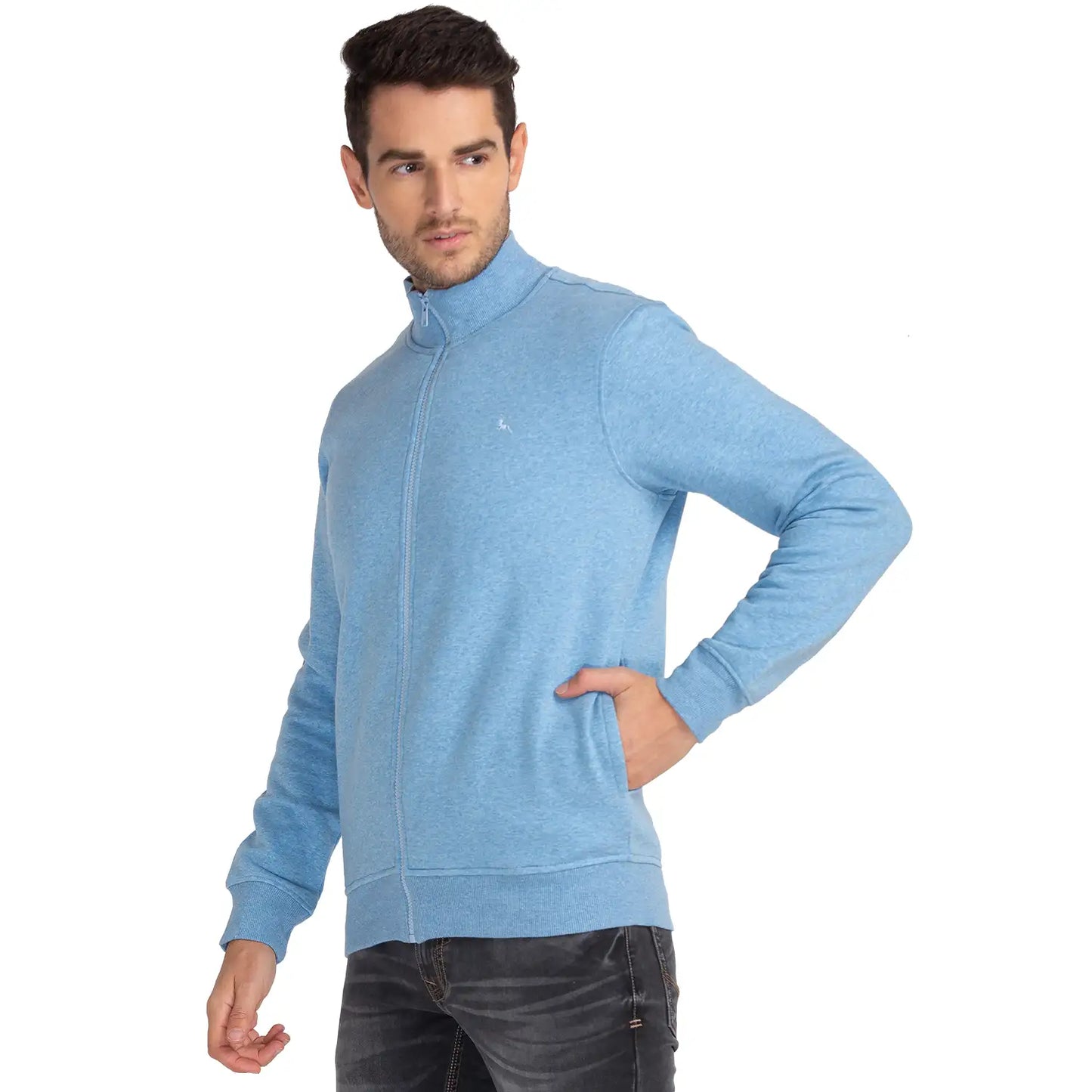 Men Blue Regular Fit Solid Cotton Polyester Blend Sweatshirts