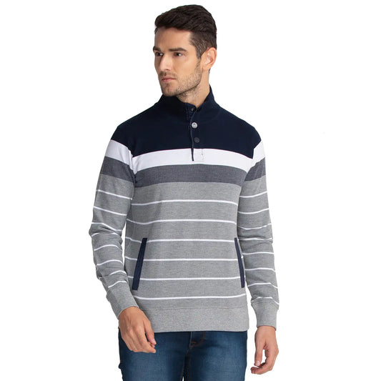 Men Blue Regular Fit Yarn Dyed Cotton Polyester Blend Sweatshirts