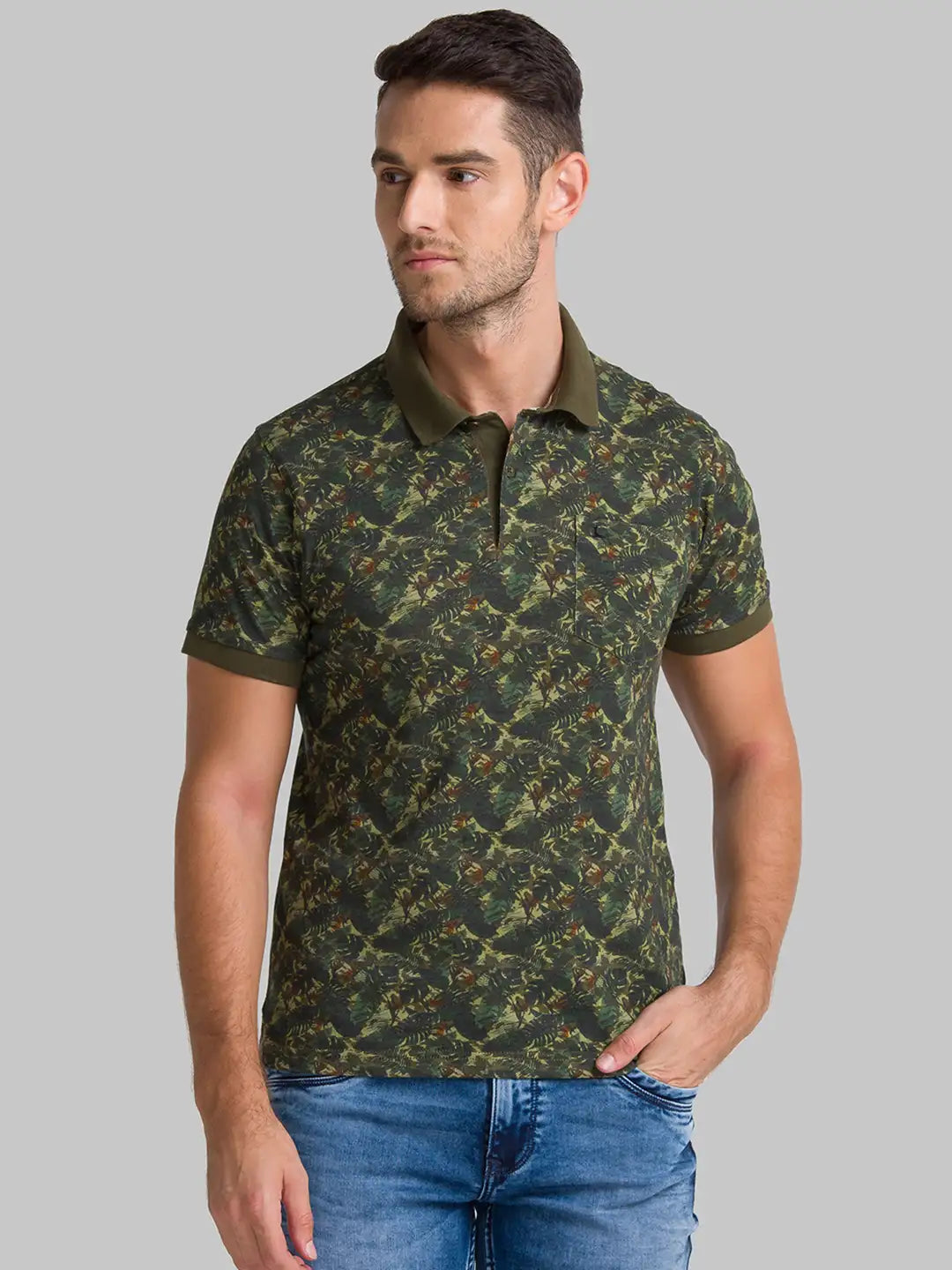 Men Green Regular Fit Print Cotton Round Neck Collar Polo T-Shirt