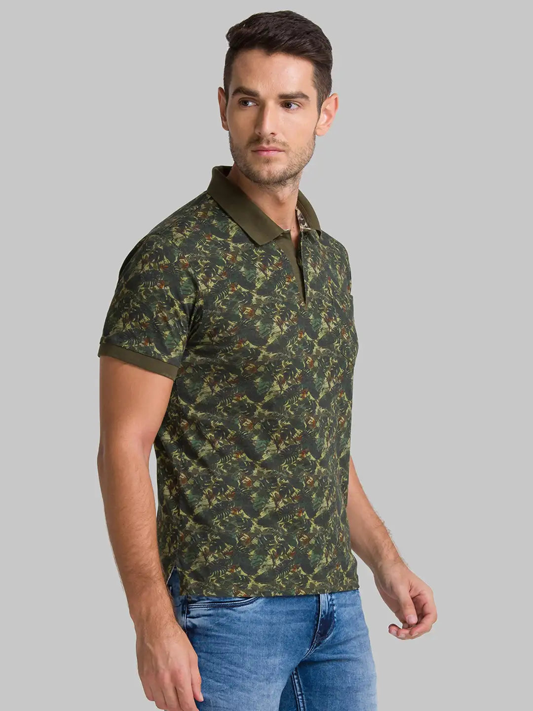 Men Green Regular Fit Print Cotton Round Neck Collar Polo T-Shirt