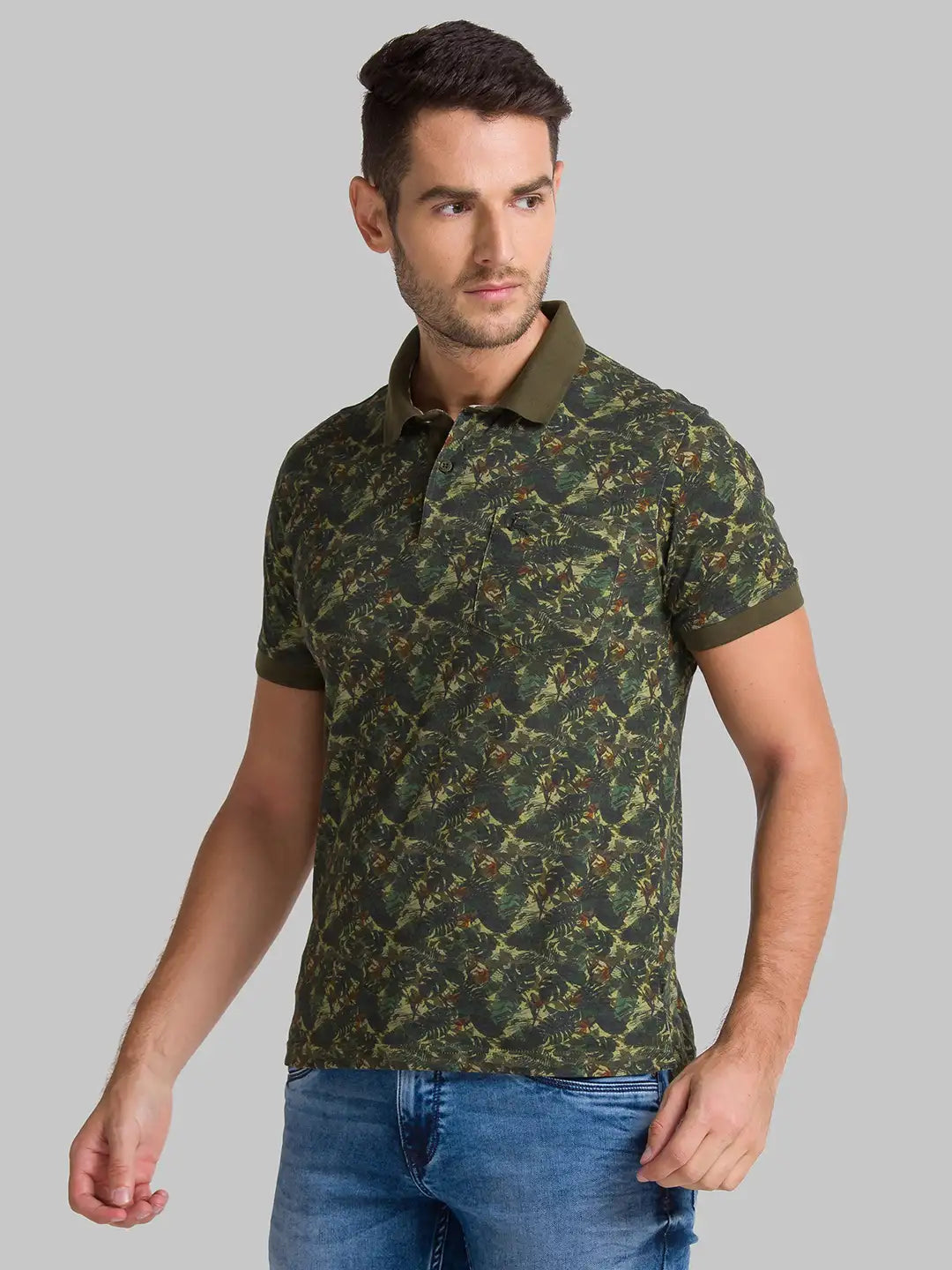 Men Green Regular Fit Print Cotton Round Neck Collar Polo T-Shirt