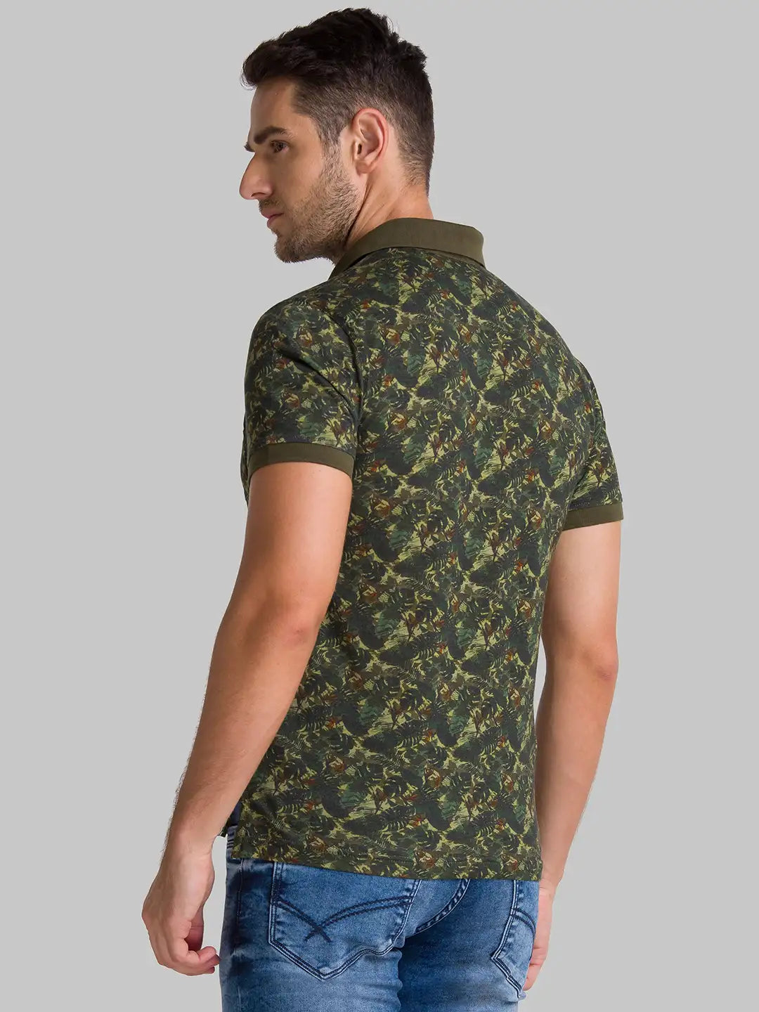 Men Green Regular Fit Print Cotton Round Neck Collar Polo T-Shirt