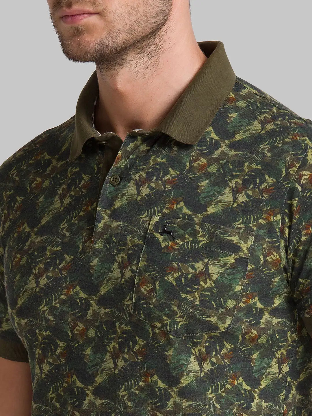 Men Green Regular Fit Print Cotton Round Neck Collar Polo T-Shirt