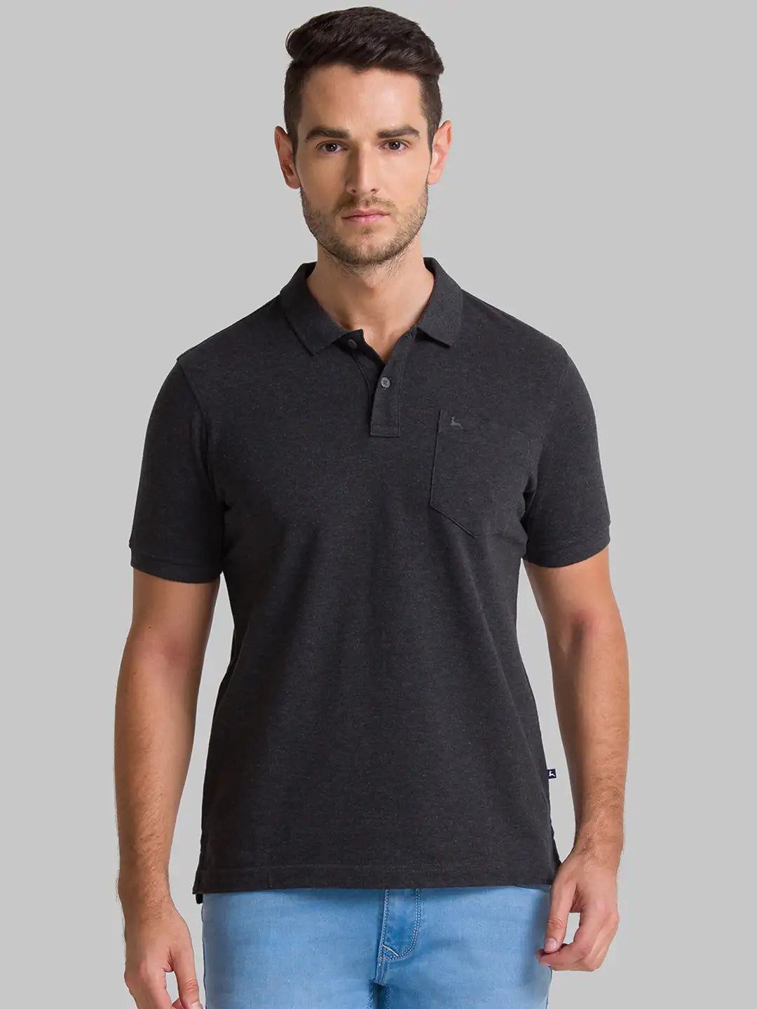 Men Grey Regular Fit Solid Cotton Round Neck Collar Polo T-Shirt