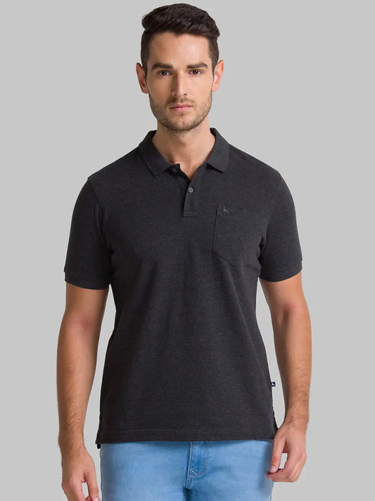 Men Grey Regular Fit Solid Cotton Round Neck Collar Polo T-Shirt