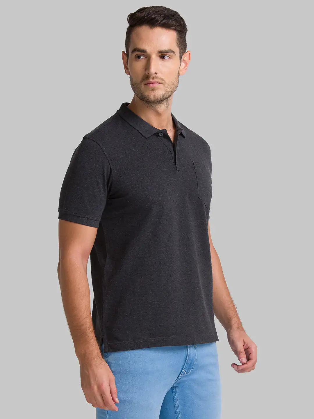 Men Grey Regular Fit Solid Cotton Round Neck Collar Polo T-Shirt