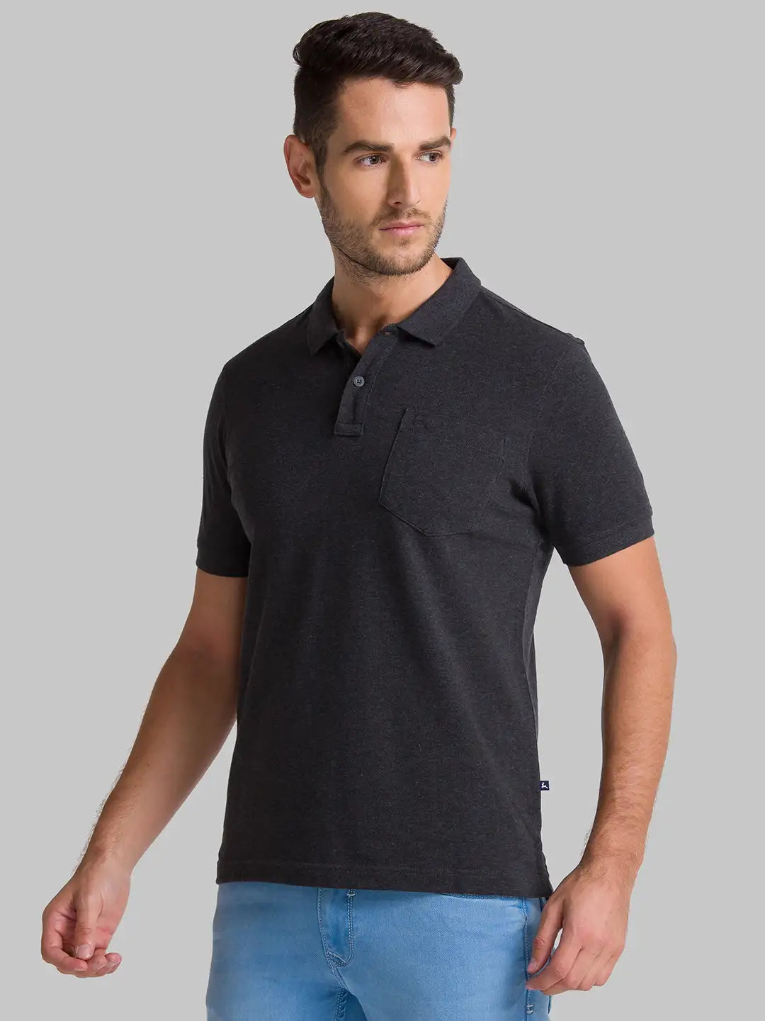 Men Grey Regular Fit Solid Cotton Round Neck Collar Polo T-Shirt