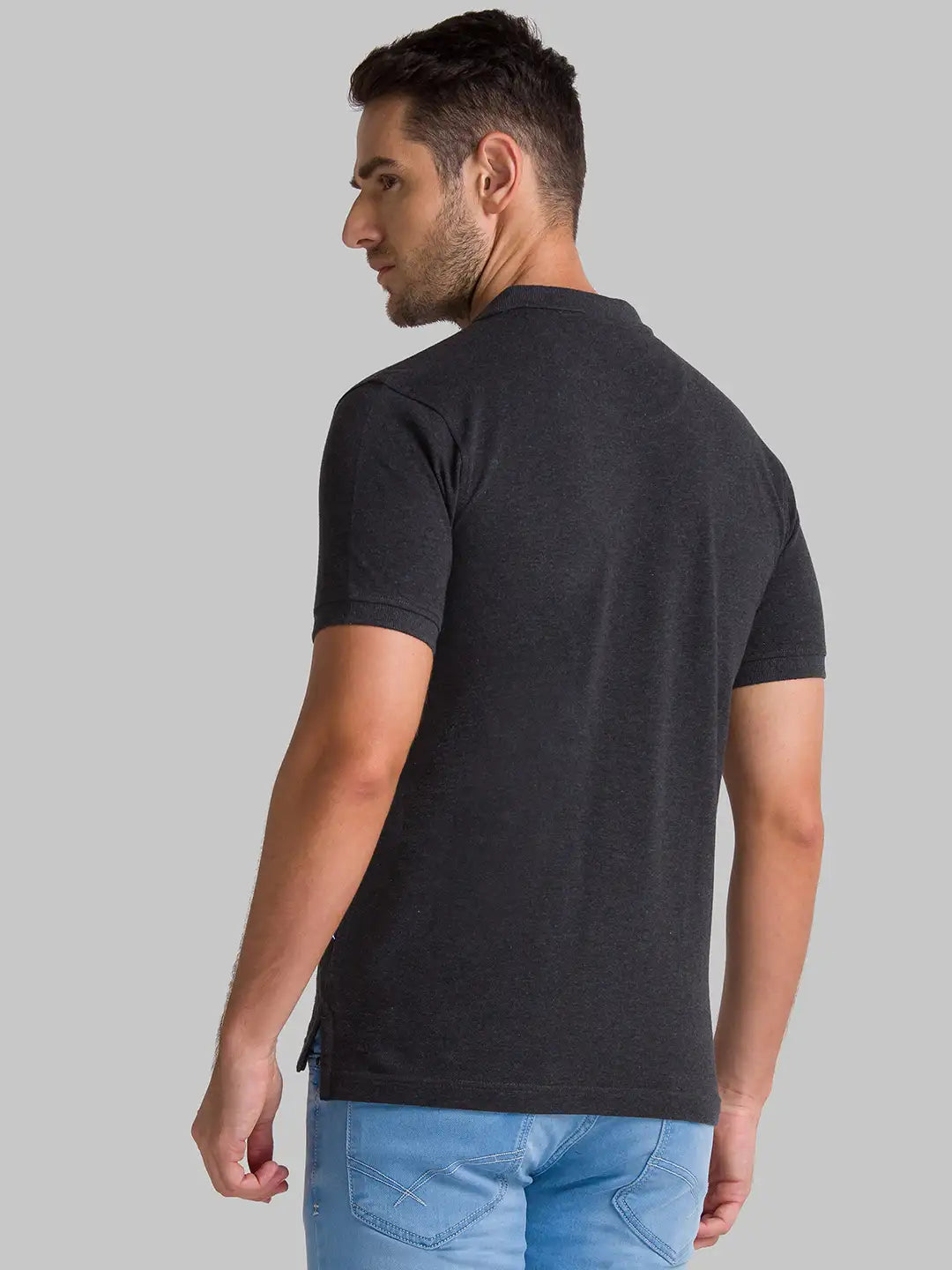 Men Grey Regular Fit Solid Cotton Round Neck Collar Polo T-Shirt