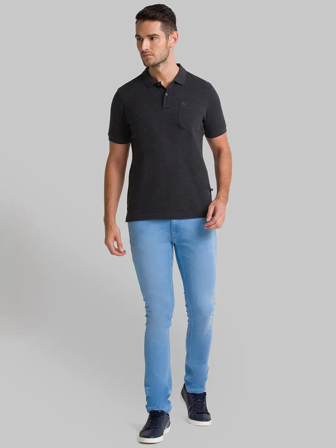 Men Grey Regular Fit Solid Cotton Round Neck Collar Polo T-Shirt