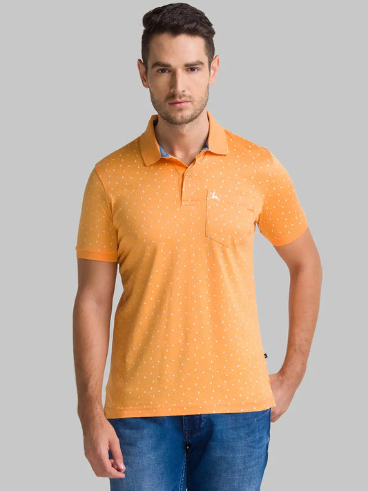 Men Orange Regular Fit Print Cotton Round Neck Collar Polo T-Shirt