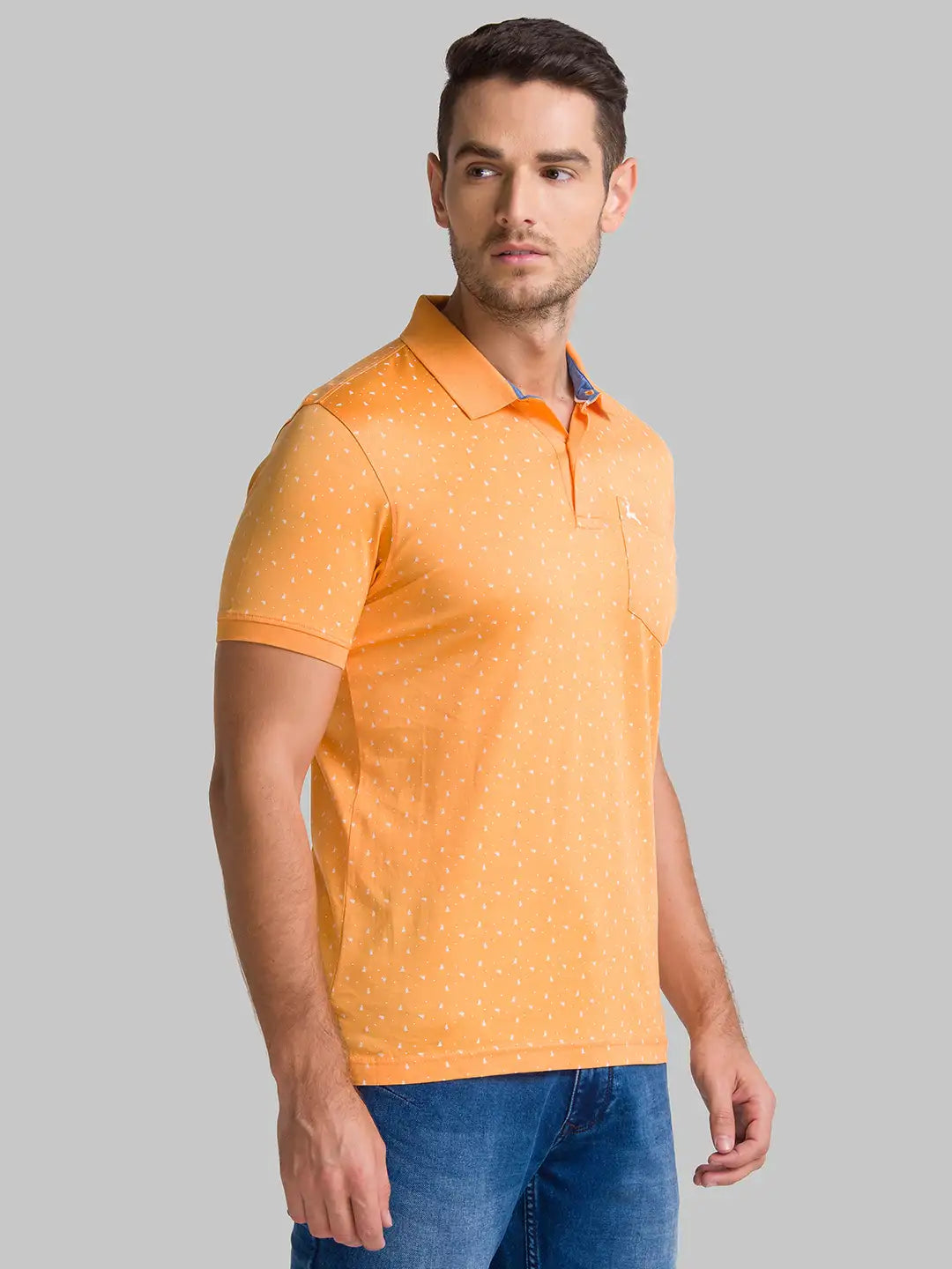 Men Orange Regular Fit Print Cotton Round Neck Collar Polo T-Shirt