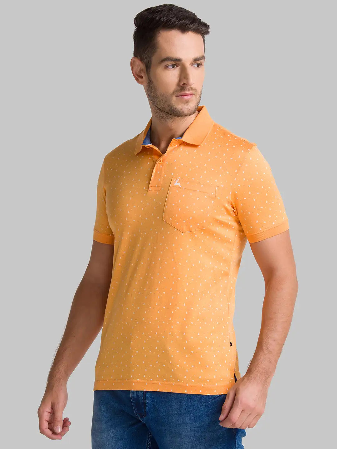 Men Orange Regular Fit Print Cotton Round Neck Collar Polo T-Shirt