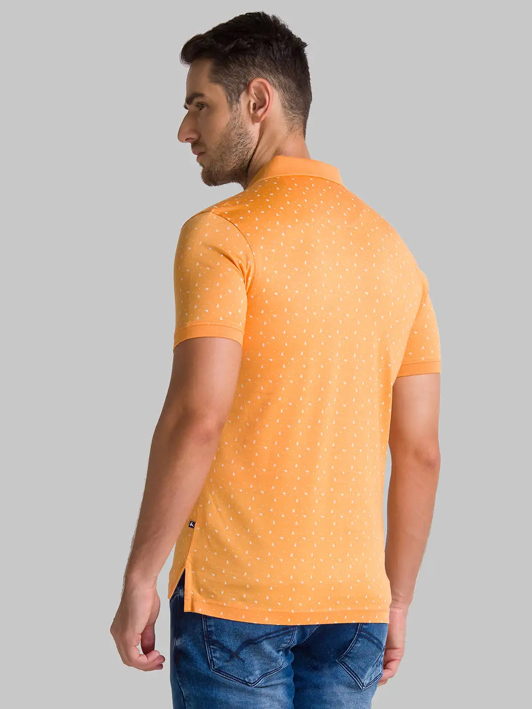 Men Orange Regular Fit Print Cotton Round Neck Collar Polo T-Shirt