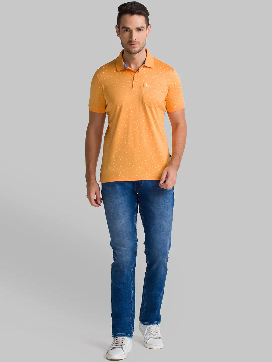 Men Orange Regular Fit Print Cotton Round Neck Collar Polo T-Shirt