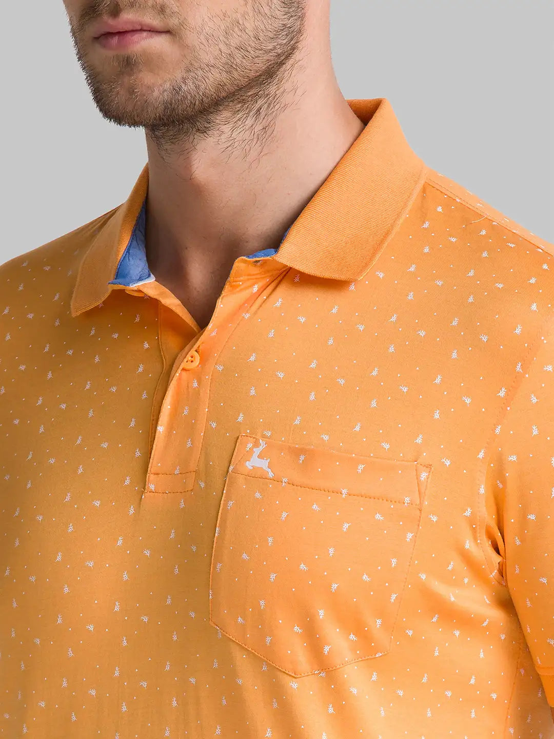 Men Orange Regular Fit Print Cotton Round Neck Collar Polo T-Shirt