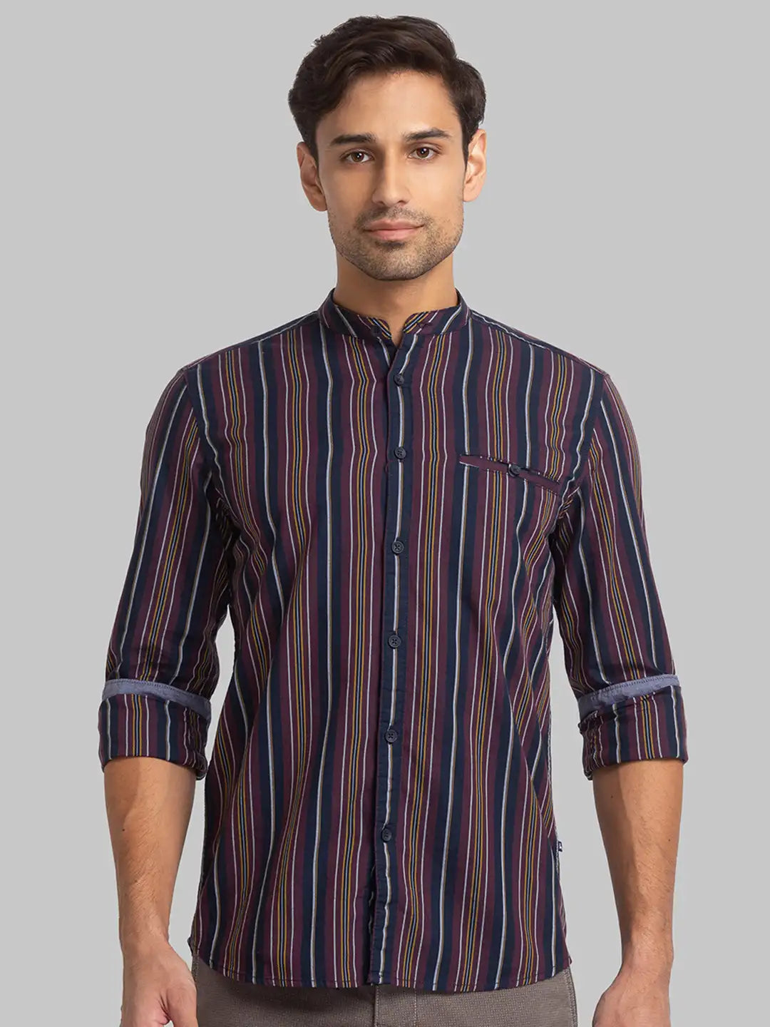 Men Red Slim Fit Stripe Cotton Full Sleeve Shirts
