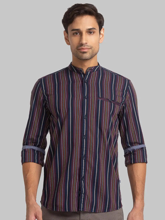 Men Red Slim Fit Stripe Cotton Full Sleeve Shirts