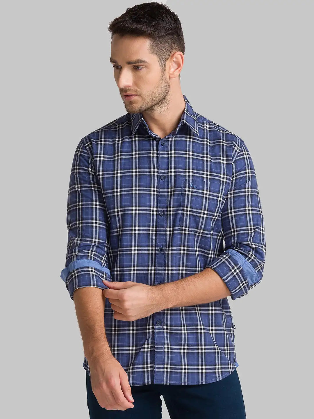 Men Blue Slim Fit Checks Cotton Full Sleeve Shirts