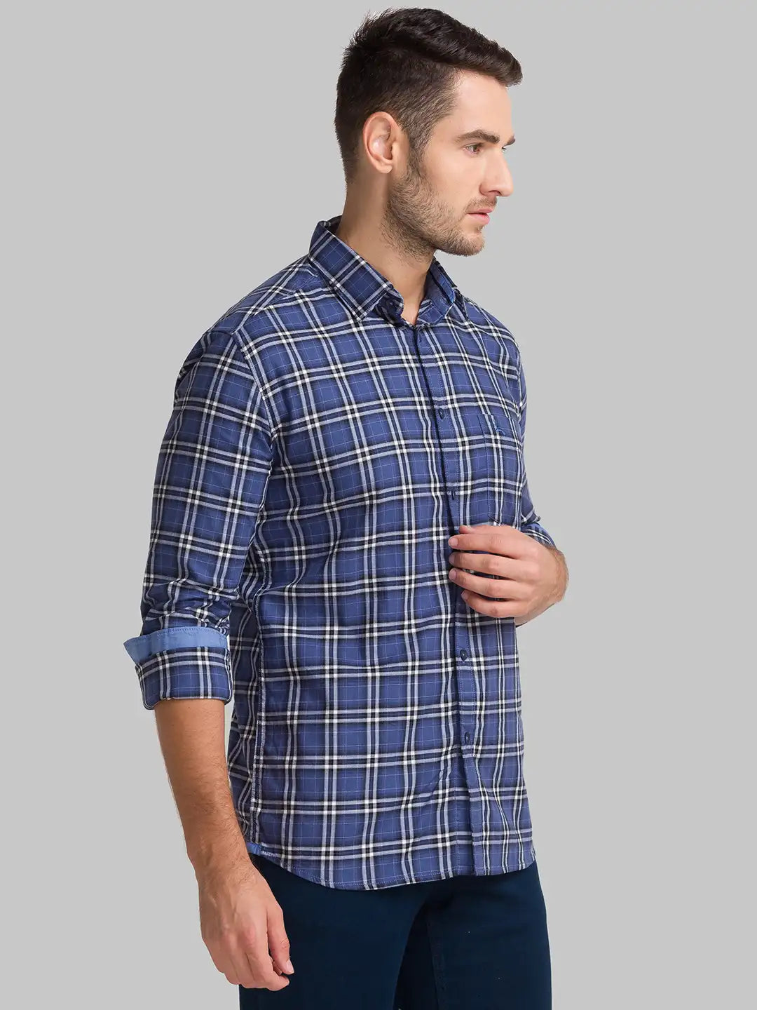 Men Blue Slim Fit Checks Cotton Full Sleeve Shirts