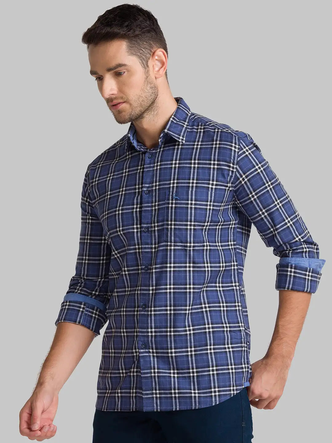 Men Blue Slim Fit Checks Cotton Full Sleeve Shirts