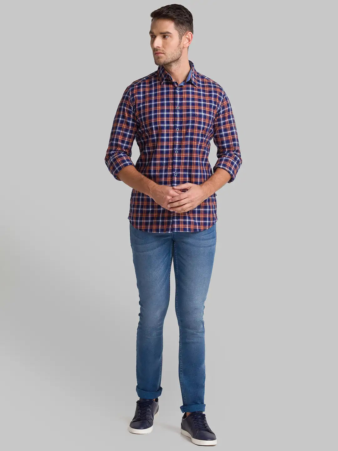 Men Blue Slim Fit Checks Cotton Full Sleeve Shirts