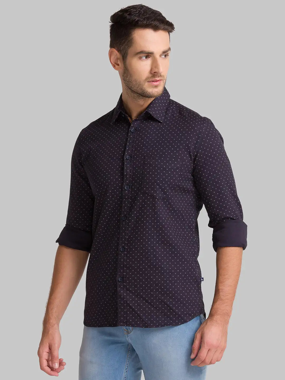 Men Black Slim Fit Print Cotton Full Sleeve Shirts