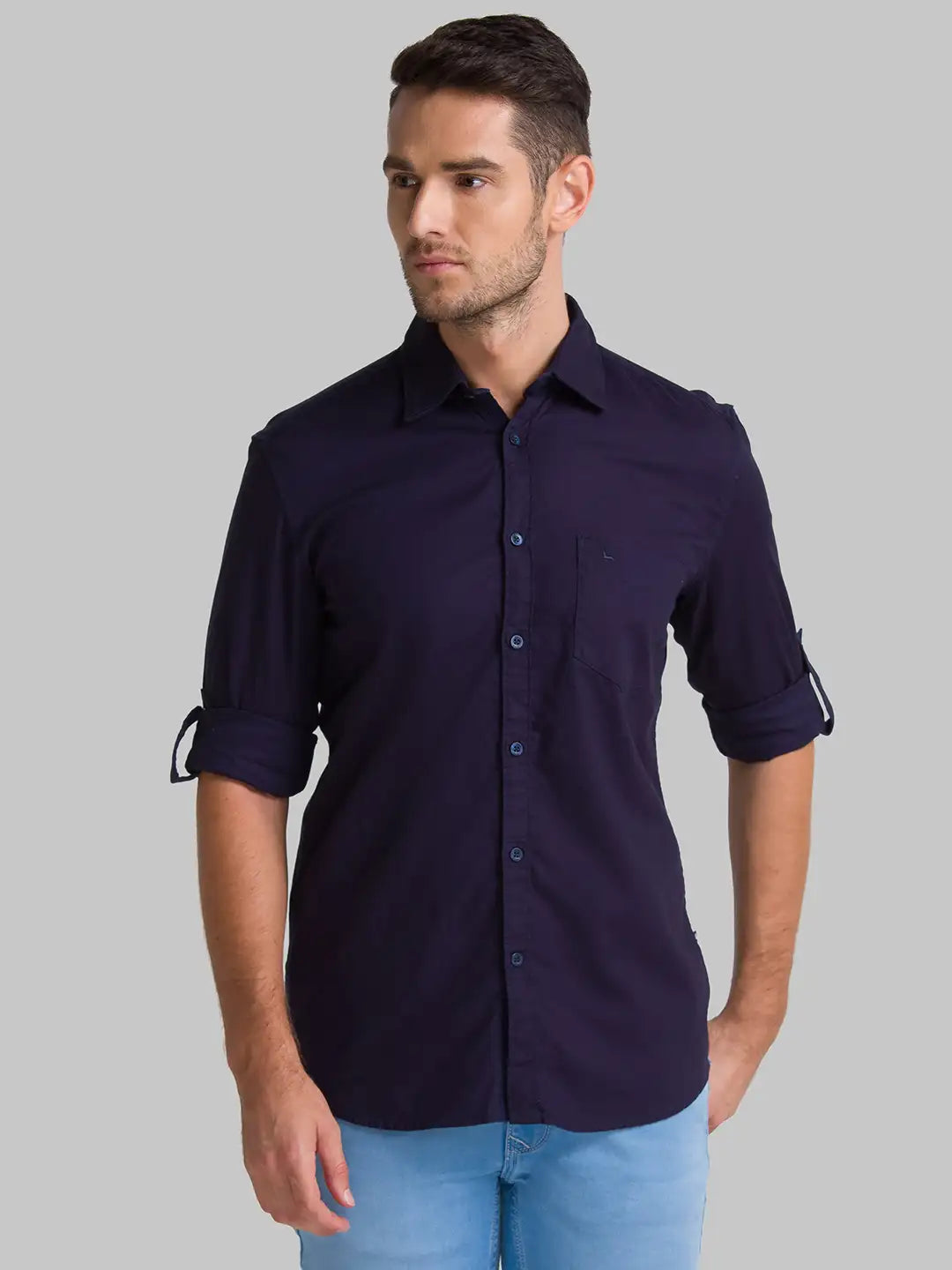 Men Blue Slim Fit Solid Cotton Full Sleeve Shirts