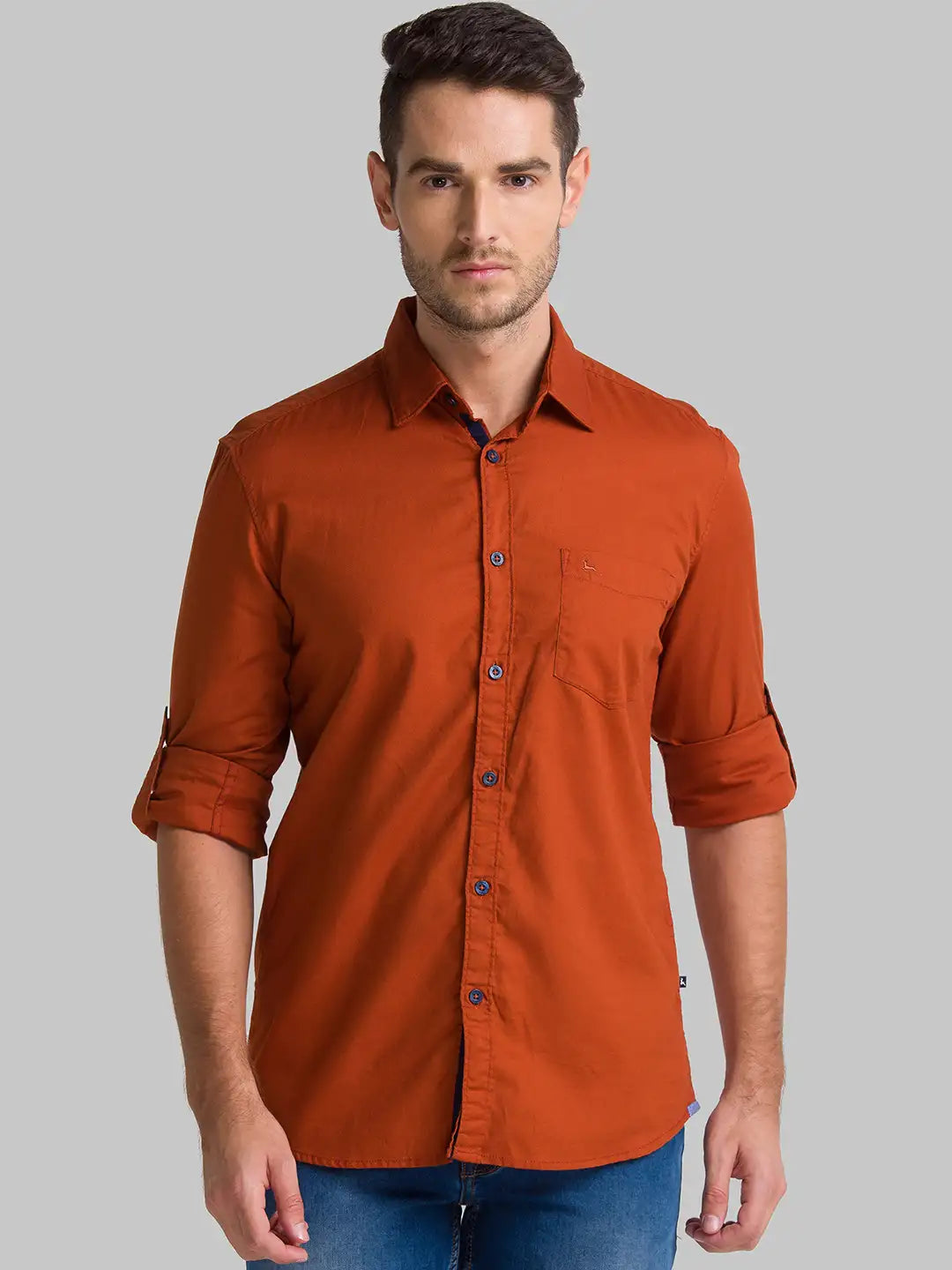 Men Orange Slim Fit Solid-Dobby Cotton Full Sleeve Shirts