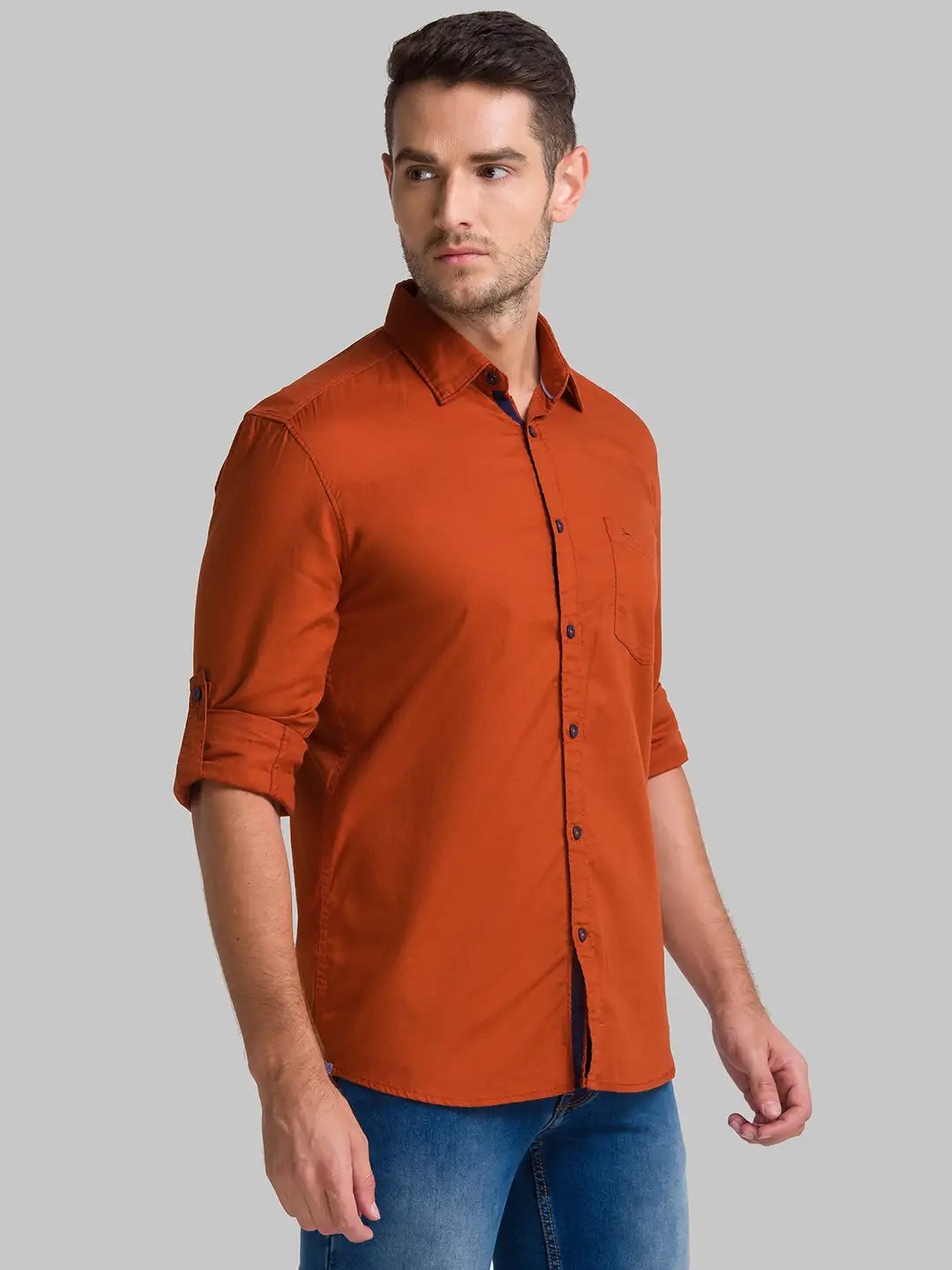 Men Orange Slim Fit Solid-Dobby Cotton Full Sleeve Shirts