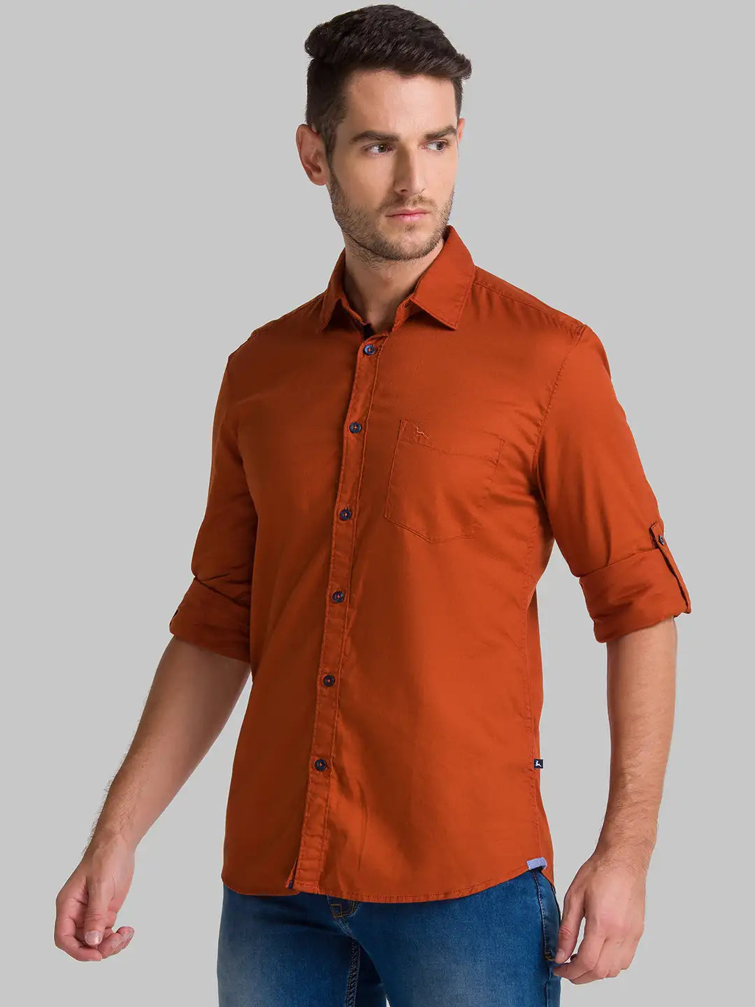 Men Orange Slim Fit Solid-Dobby Cotton Full Sleeve Shirts