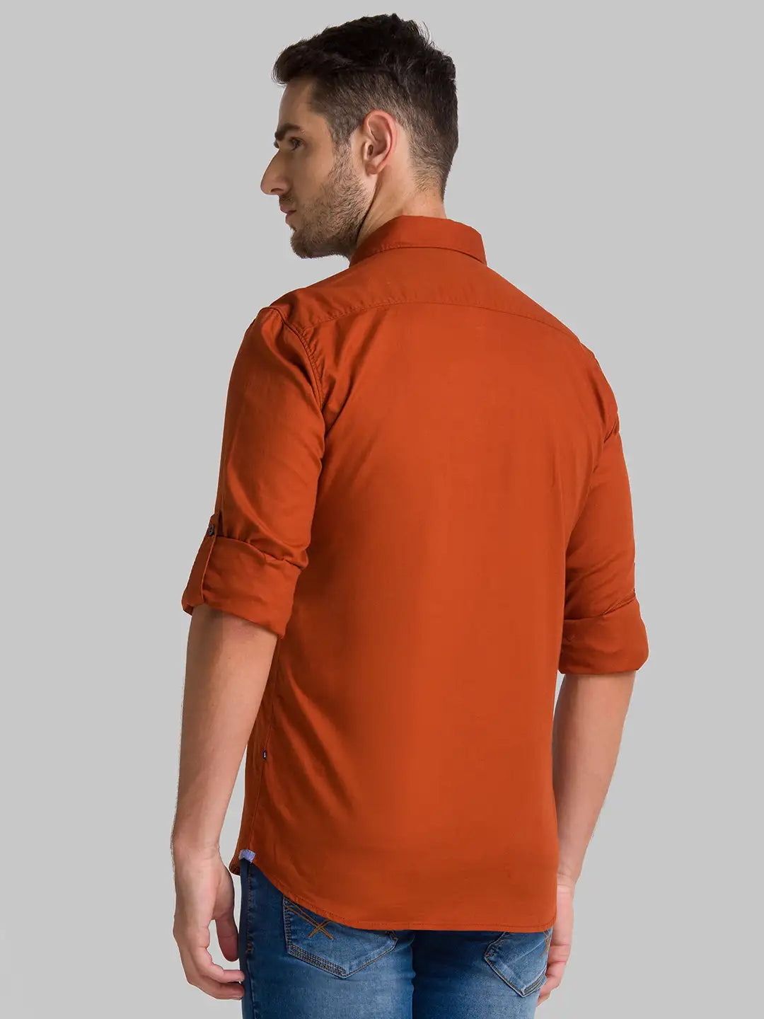 Men Orange Slim Fit Solid-Dobby Cotton Full Sleeve Shirts