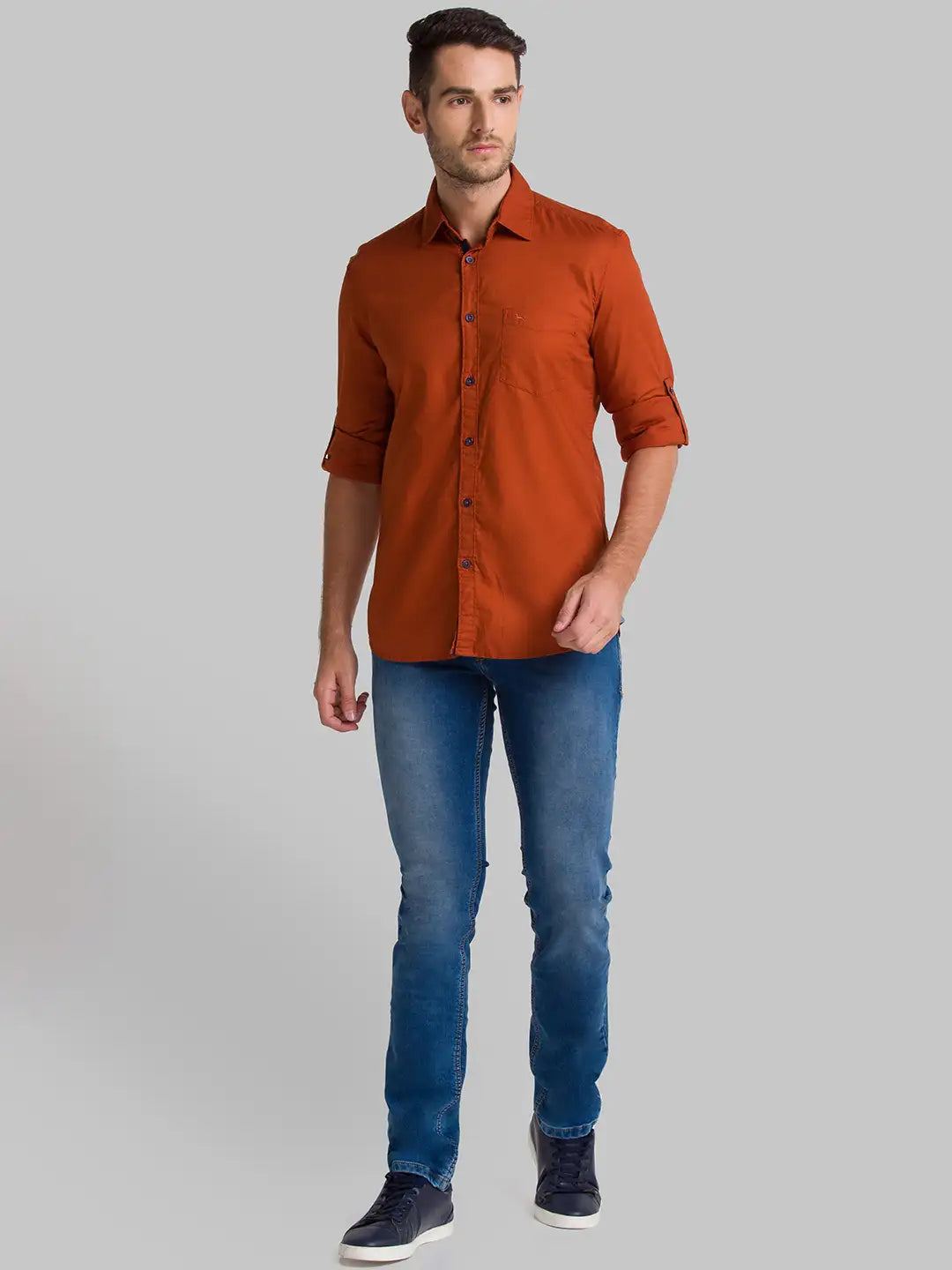 Men Orange Slim Fit Solid-Dobby Cotton Full Sleeve Shirts