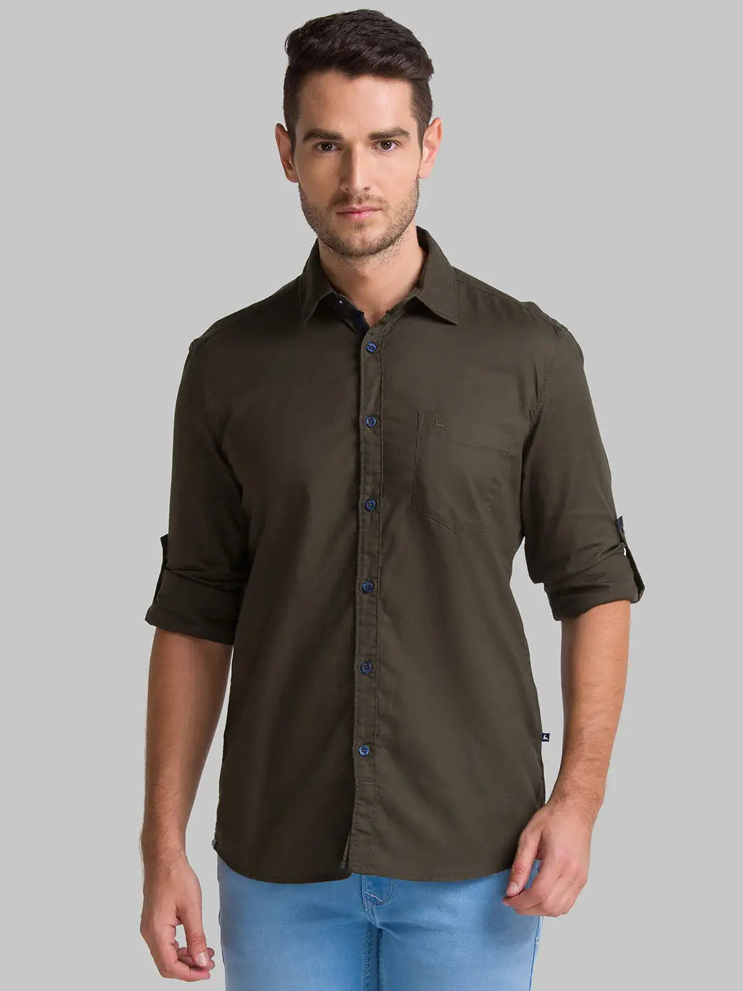 Men Green Slim Fit Solid-Dobby Cotton Full Sleeve Shirts