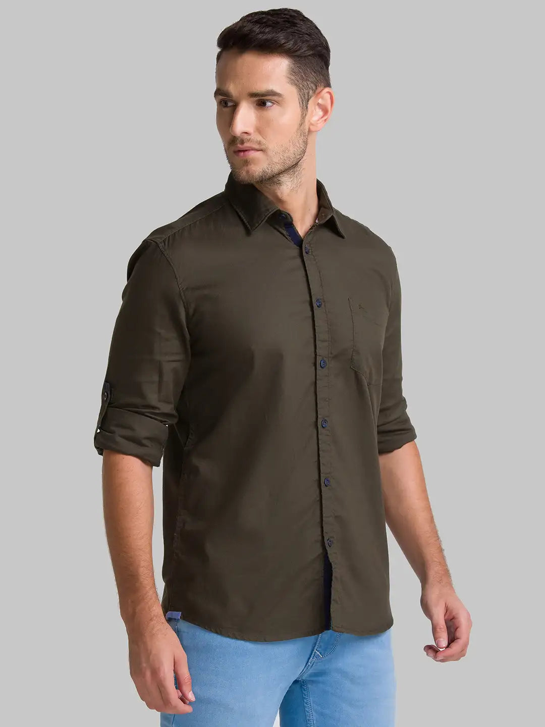 Men Green Slim Fit Solid-Dobby Cotton Full Sleeve Shirts