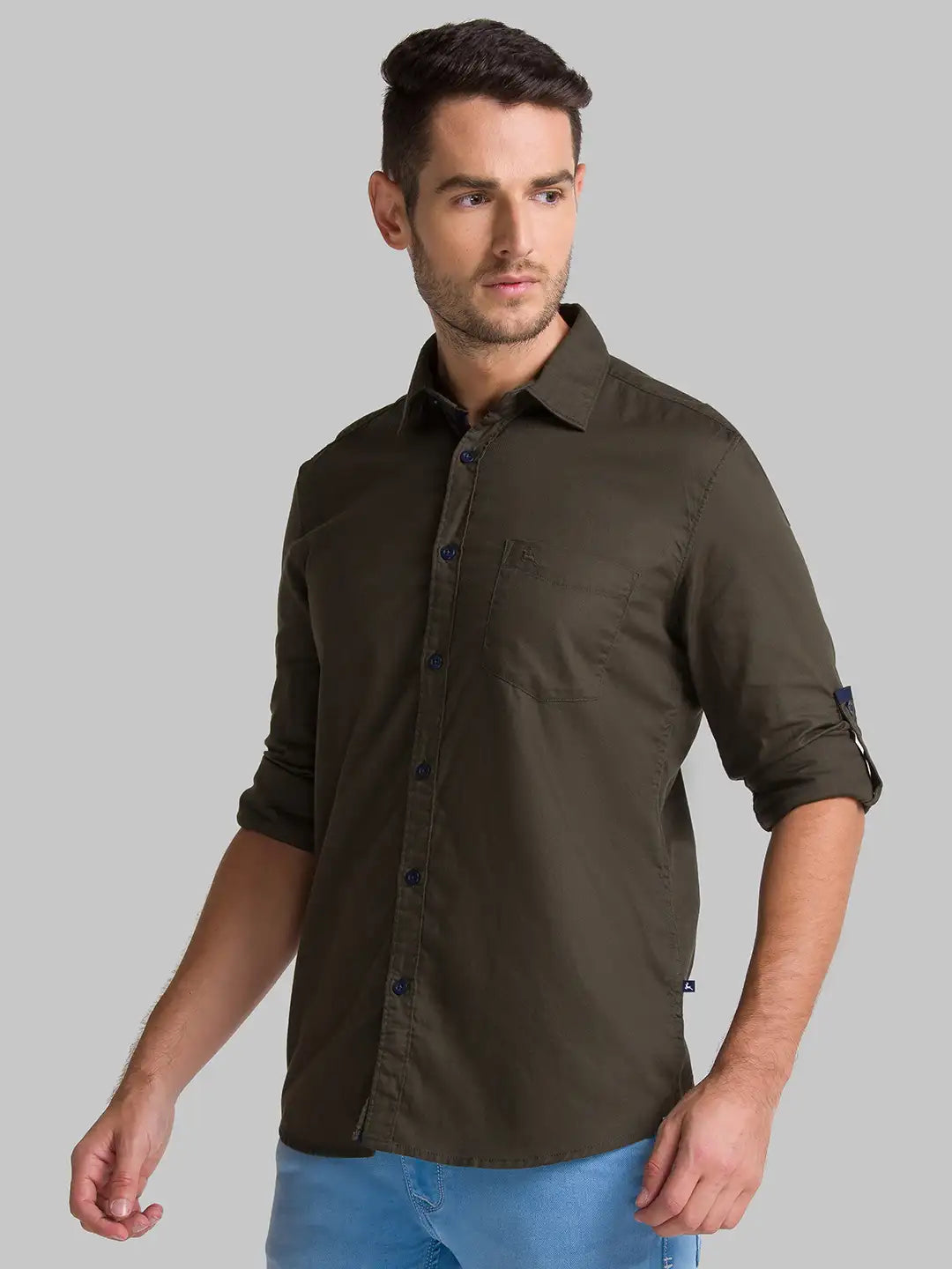 Men Green Slim Fit Solid-Dobby Cotton Full Sleeve Shirts