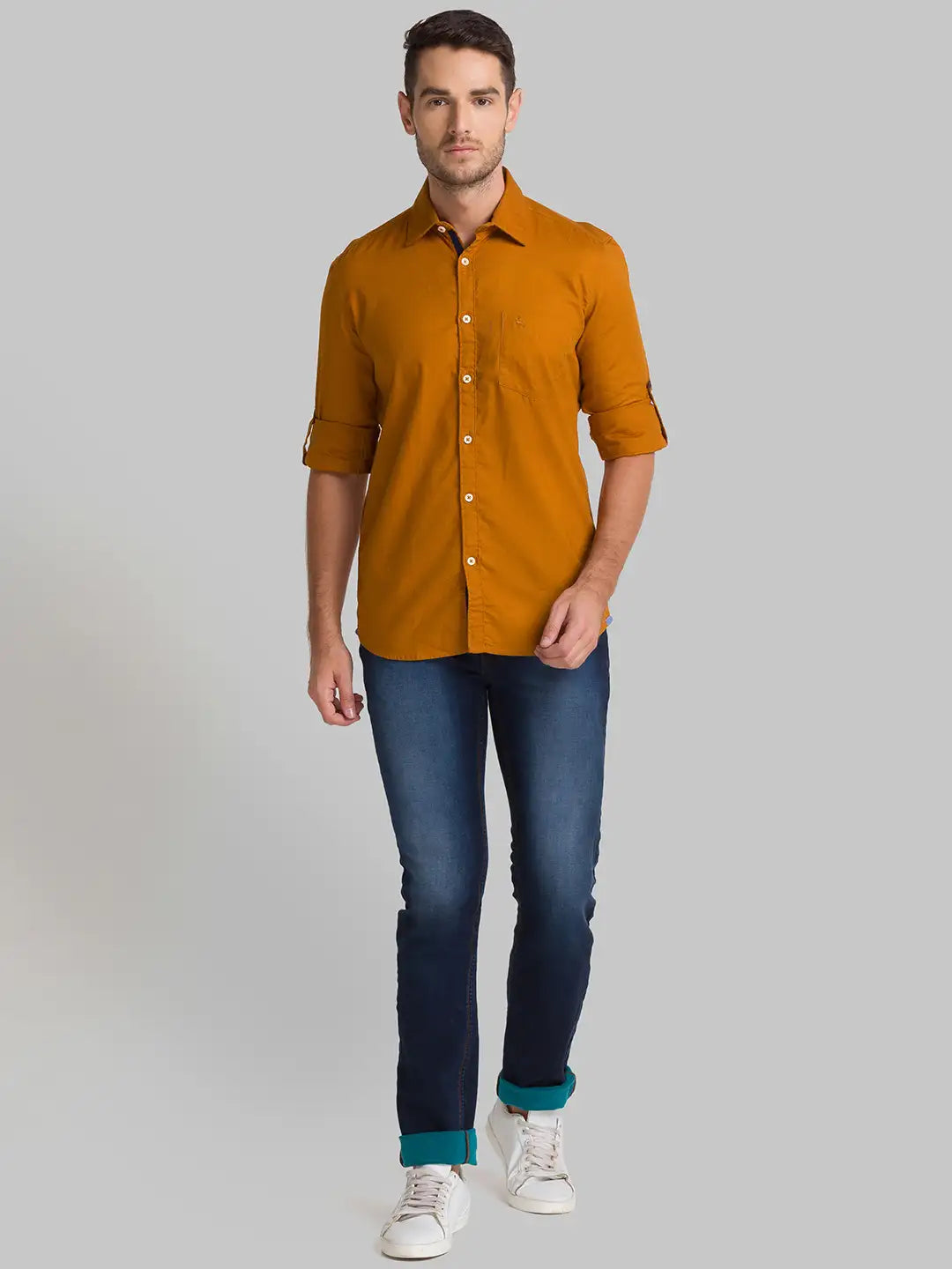 Men Yellow Slim Fit Solid Cotton Full Sleeve Shirts