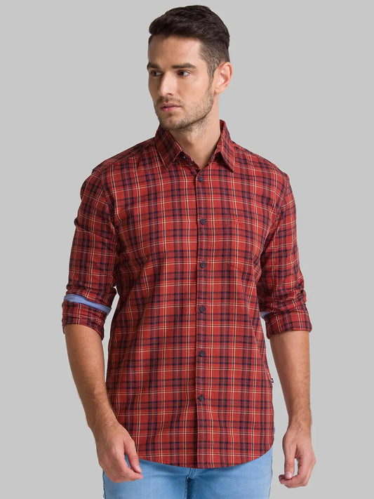 Men Red Slim Fit Checks Cotton Full Sleeve Shirts