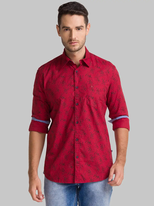 Men Red Slim Fit Print Cotton Full Sleeve Shirts