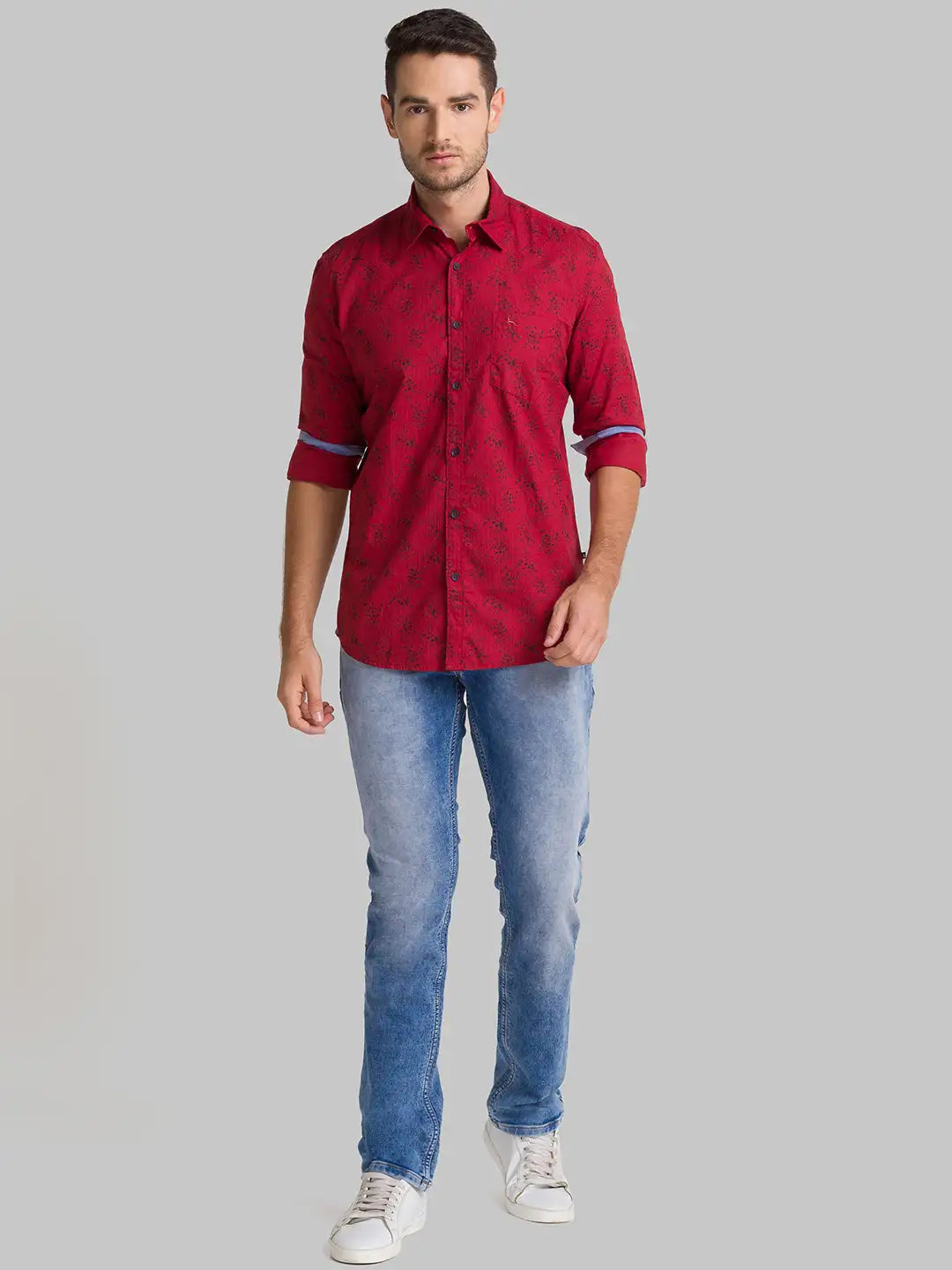 Men Red Slim Fit Print Cotton Full Sleeve Shirts