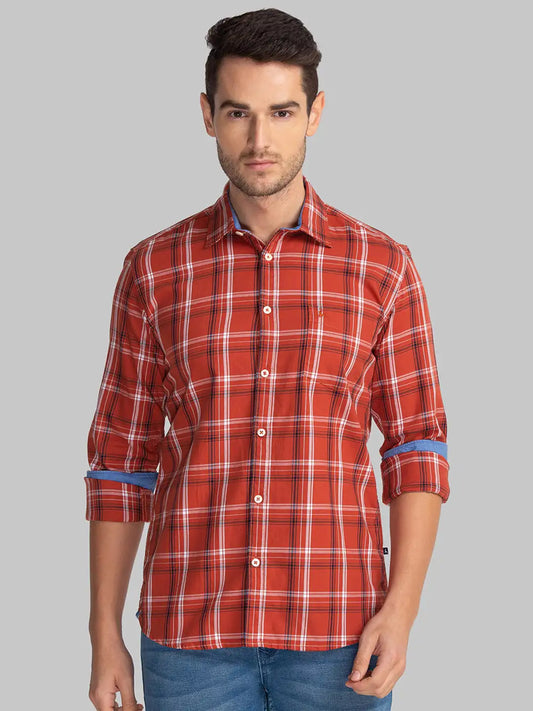 Men Orange Slim Fit Checks Cotton Full Sleeve Shirts