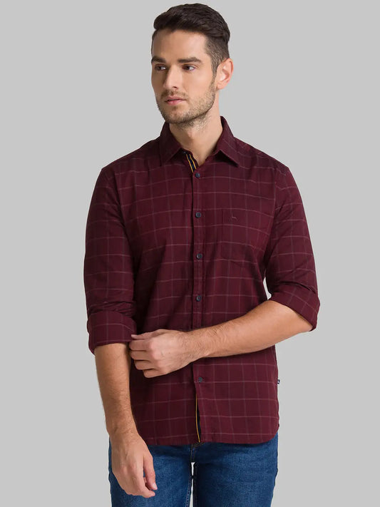 Men Red Slim Fit Checks Cotton Full Sleeve Shirts
