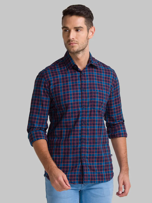 Men Blue Slim Fit Checks Cotton Blend Full Sleeve Shirts