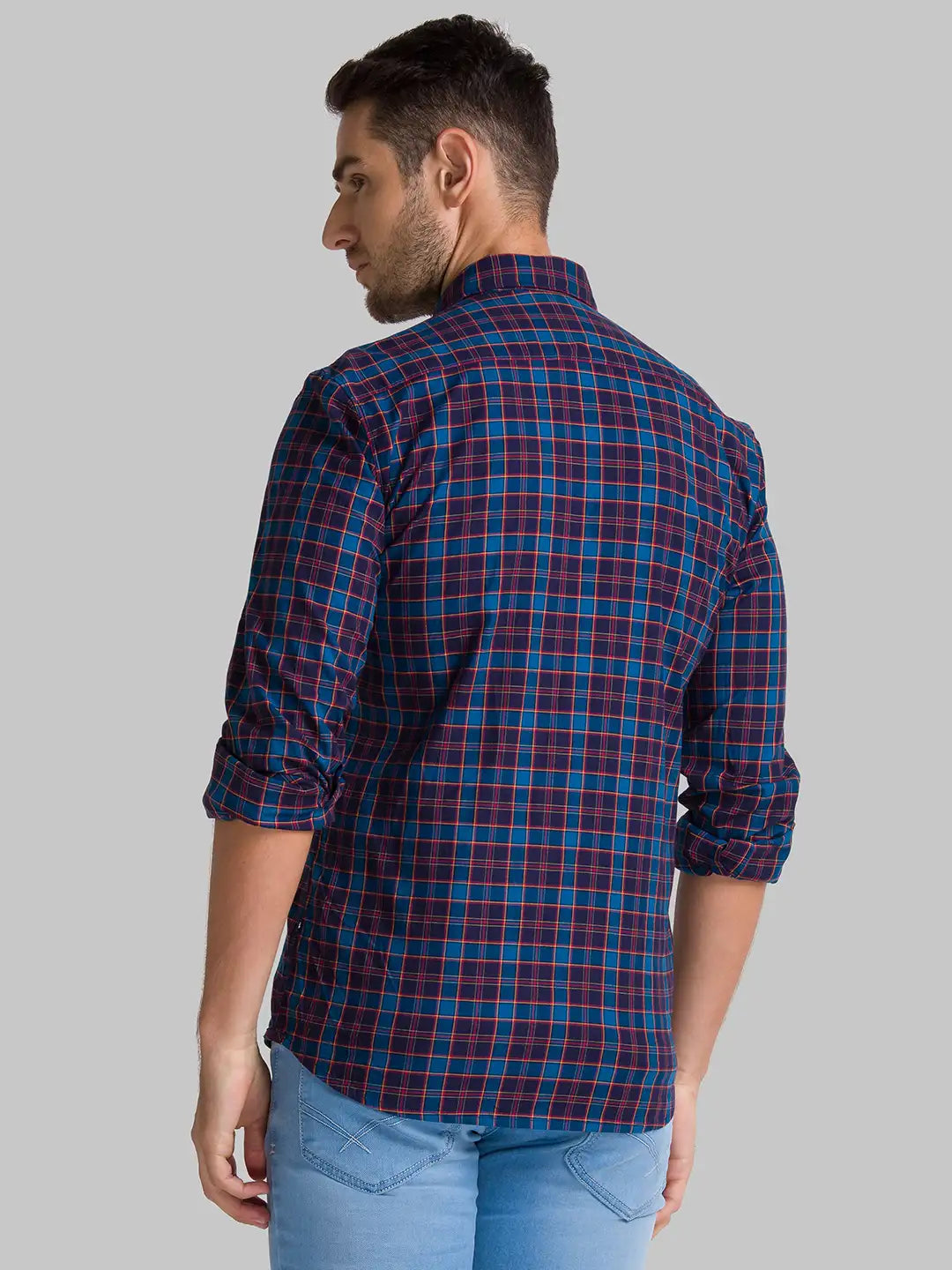 Men Blue Slim Fit Checks Cotton Blend Full Sleeve Shirts
