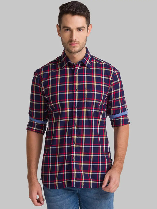 Men Blue Slim Fit Checks Cotton Blend Full Sleeve Shirts