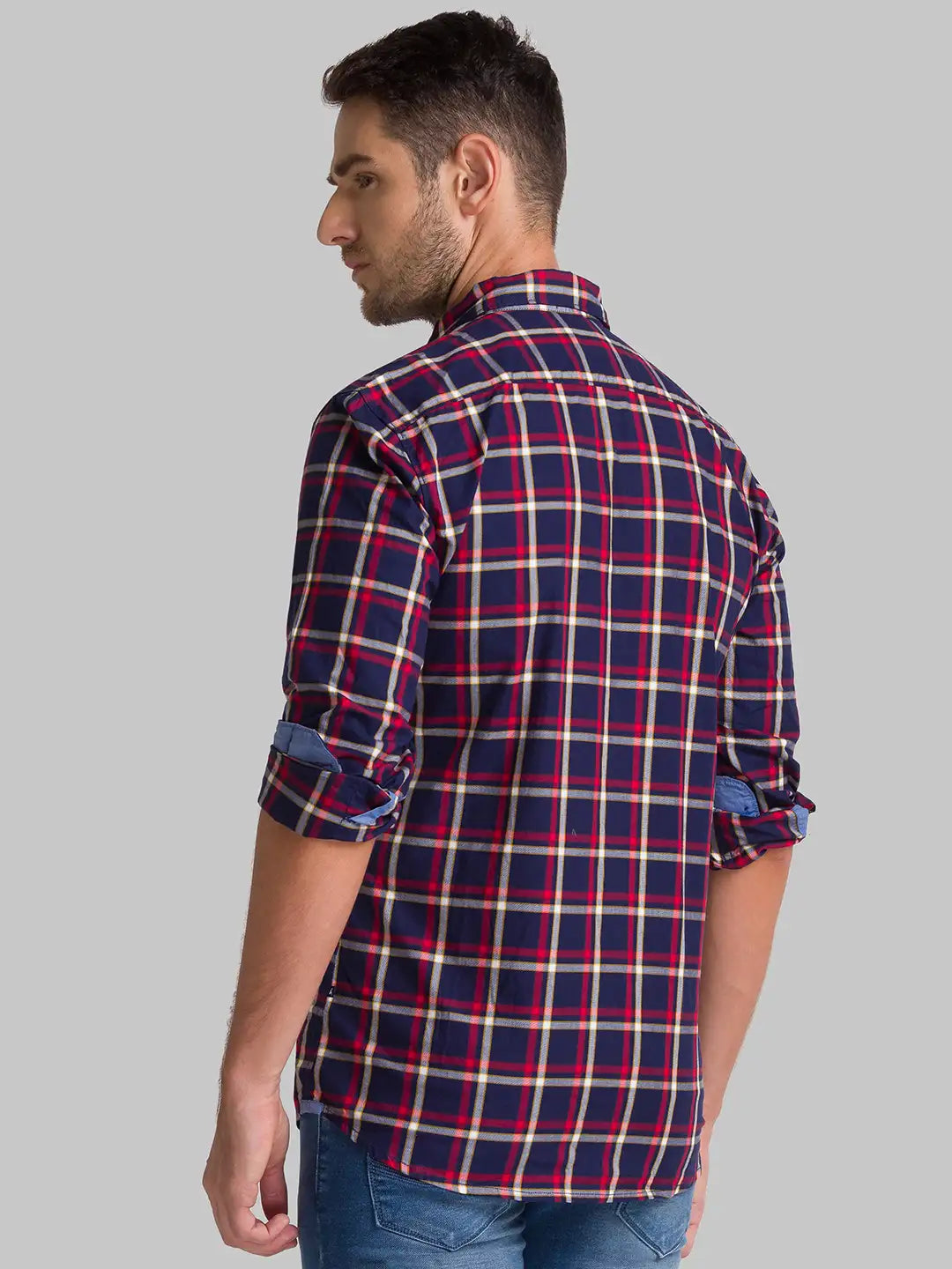 Men Blue Slim Fit Checks Cotton Blend Full Sleeve Shirts