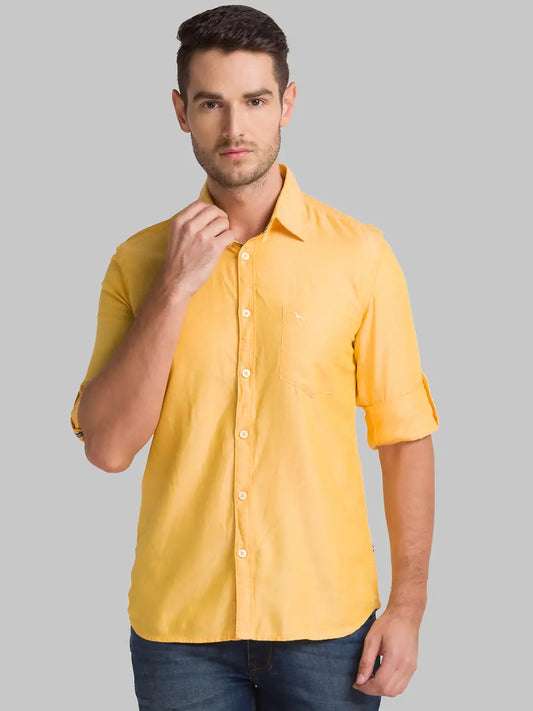 Men Yellow Slim Fit Solid Cotton Full Sleeve Shirts