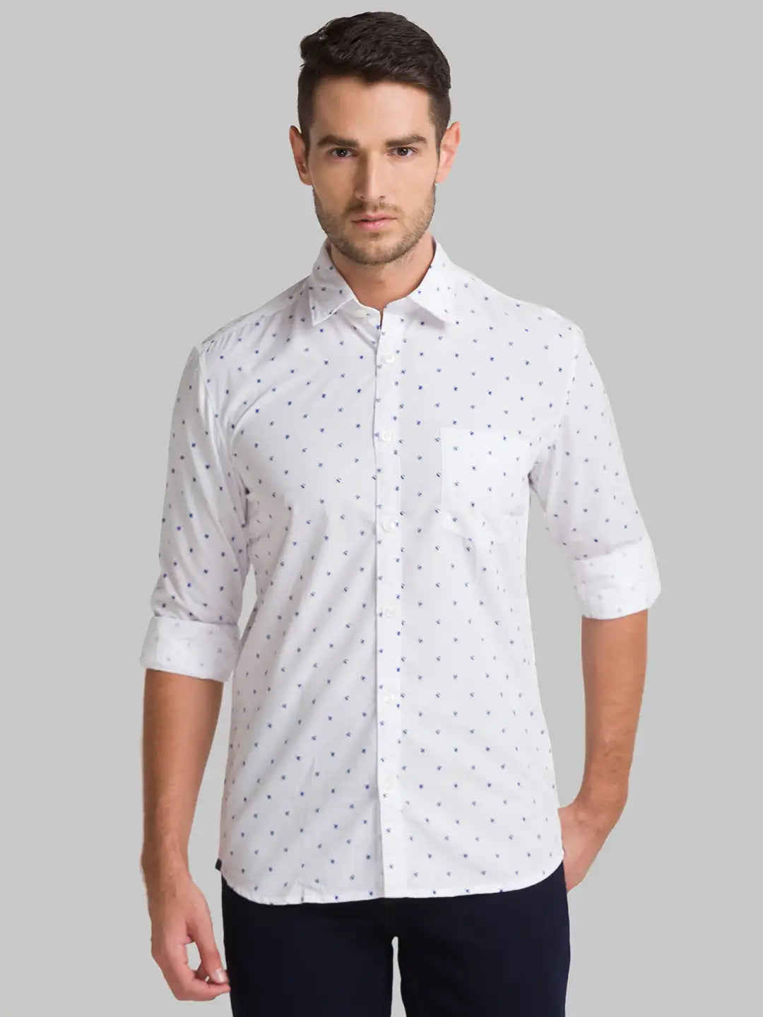 Men White Slim Fit Print Polyester Blend Full Sleeve Shirts