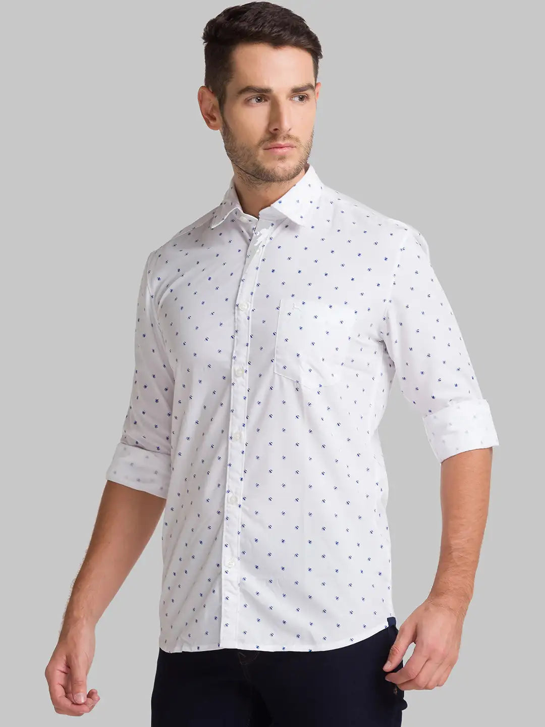 Men White Slim Fit Print Polyester Blend Full Sleeve Shirts