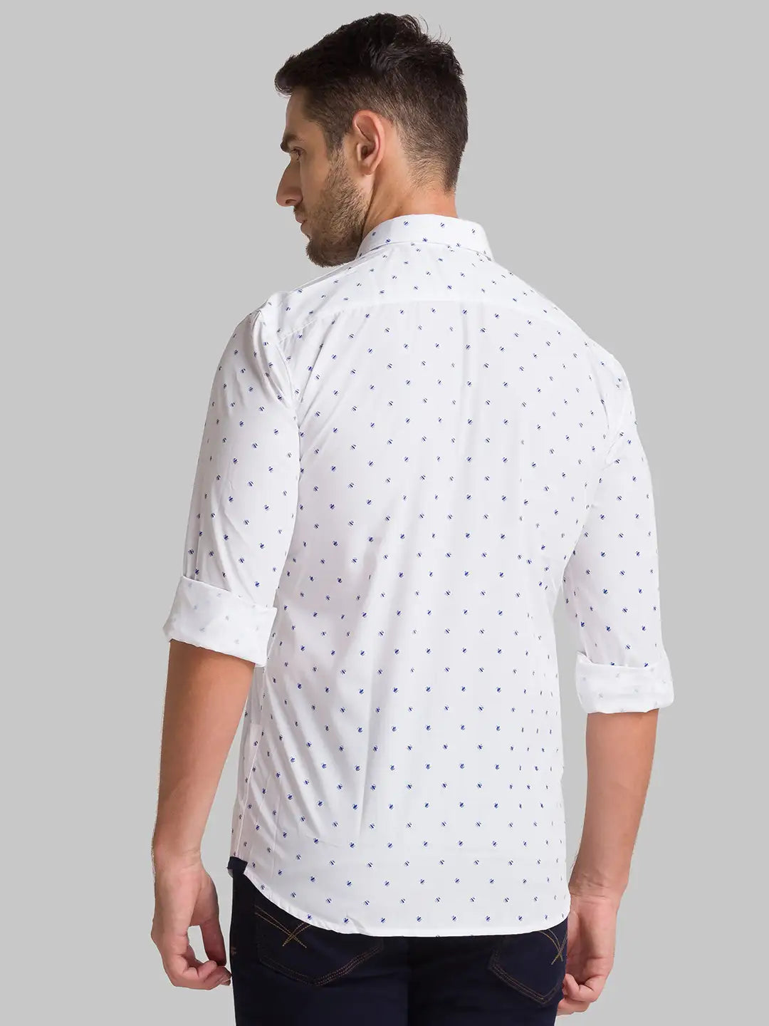 Men White Slim Fit Print Polyester Blend Full Sleeve Shirts