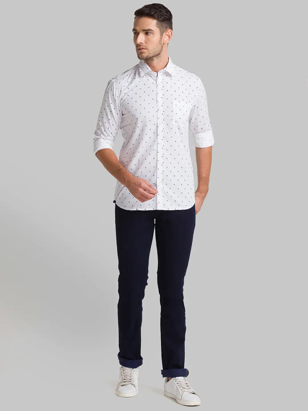 Men White Slim Fit Print Polyester Blend Full Sleeve Shirts